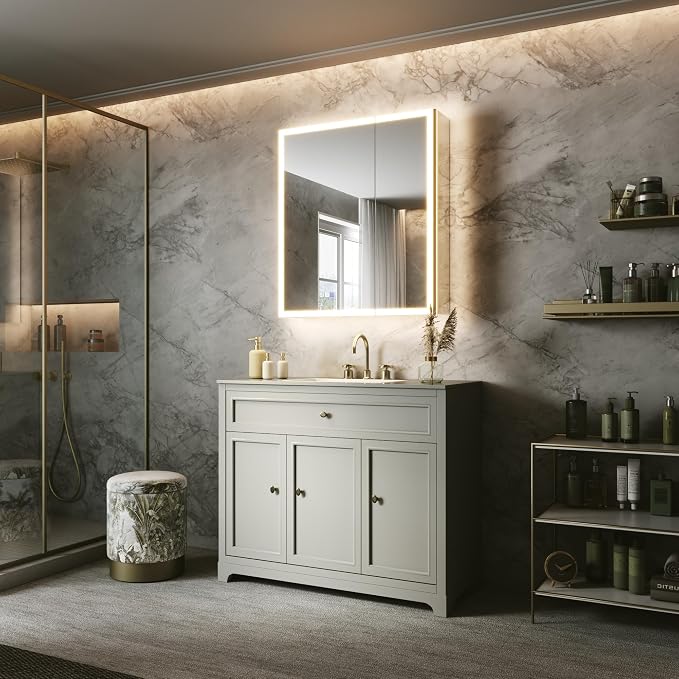 28x32 Lighted Medicine Cabinet, Separate Front & Back Lights | Surface/Recessed LED Medicine Cabinet for Bathroom with Side Mirrors, Dimmable Light, Anti-Fog, Memory,Silver Aluminum Frame