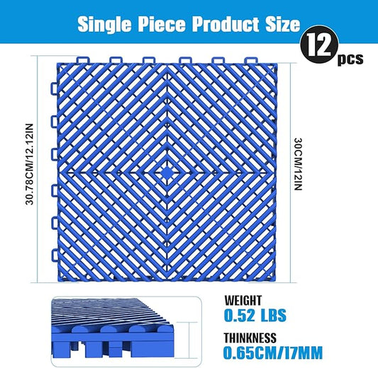 12-Pcs Interlocking Tile, 12" x 12" Indoor/Outdoor Self-Drainage Interlocking Floor Tiles, Non-Slip Heavy-Duty Polypropylene Splicing Flooring Tile for Garage Patio Pool Bathroom, Blue