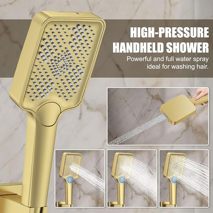 Shower System 12IN Modern Rain Brass Faucet Set With Valve and Diverter Shower Mixer With Handheld High Pressure Square Rainfall Shower Valve (12'' Ceiling Mount, Brushed Gold)