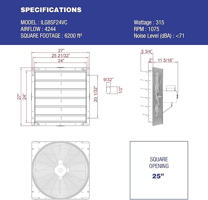 iLiving 24" Shutter Exhaust Fan with Wireless Smart Remote Controlled Thermostat and Humidity, Variable Speed Wall Mounted Attic Vent Fan, Chicken Coop Ventilation, 4244 CFM, 6200 SQF Coverage Area