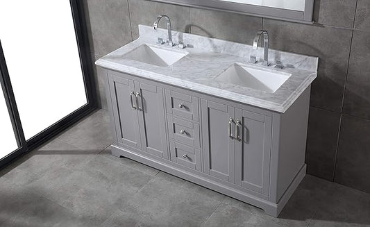 Mareo 60" Solid Wood Double Sink Bathroom Vanity | Marble Countertop & Backsplash | Soft Closing Doors & Drawers | Nickel Brushed Handles | Grey Cabinet & Undermount Ceramic Sink Top | Pre-Assembled