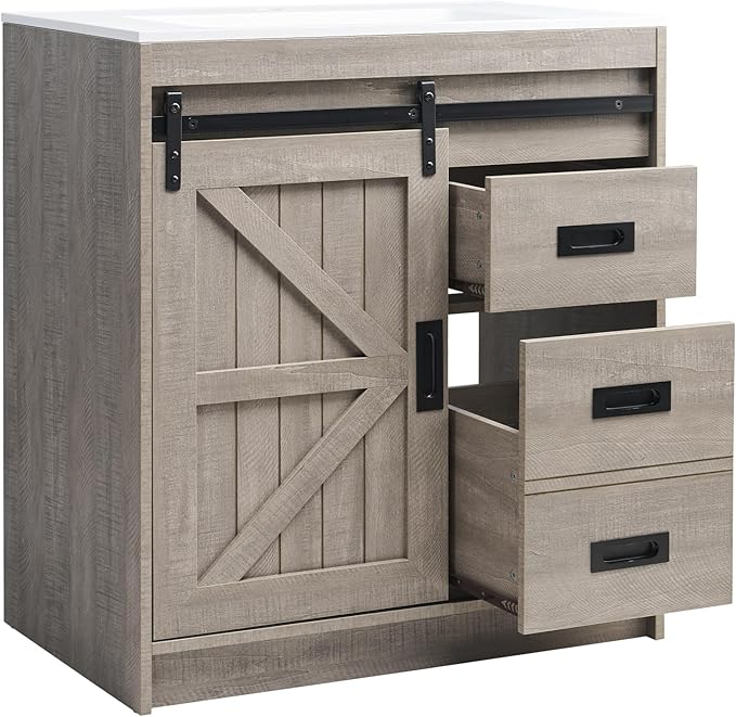 AMERLIFE Farmhouse Bathroom Vanity with Sink Combo, 31in Sliding Barn Door Bathroom Vanity Cabinet Set with Storage Drawers, Metal Handles, Small Single Bath Storage Vanity Sink, Light Grey