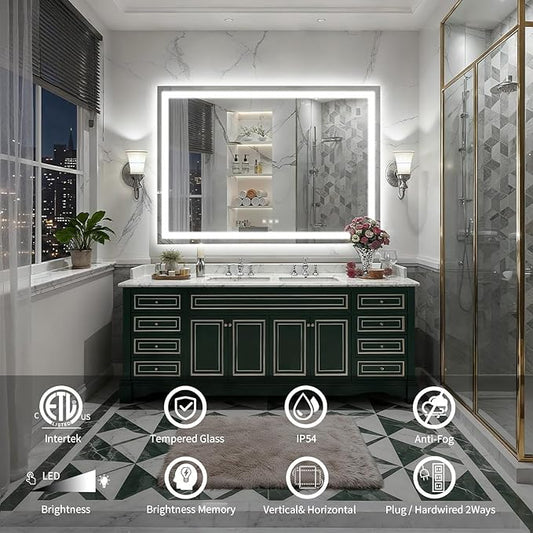 LED Mirror for Bathroom, 55x40 Inch Backlit + Front Lighted Bathroom Vanity Mirror with Lights for Wall, Double Light Strips, 3 Colors, Shatter-Proof, Anti-Fog and Brightness Memory
