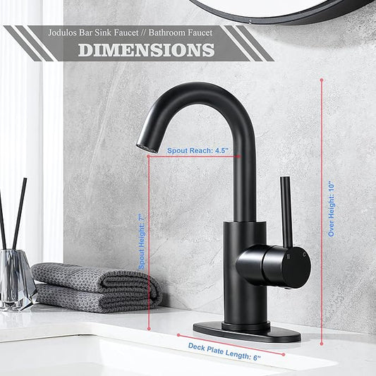 Black Bar Faucet Single Hole, Jodulos Black Matte Bar Sink Faucet with Deck Plate and Supply Lines, Stainless Steel Single Handle Wet Bar Sink Faucet, Matte Black Bathroom Faucet JU1100-BK