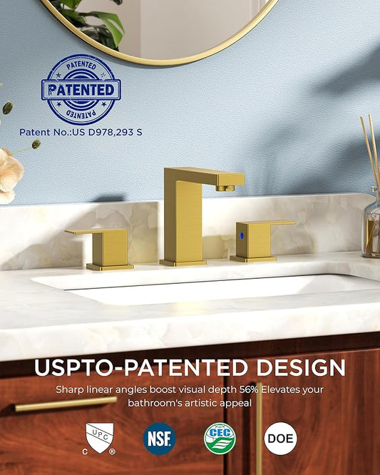 FORIOUS Gold Bathroom Faucet 3 Hole, Square 2 Handle 8 in Widespread Brushed Gold Bathroom Sink Faucet 3 Hole with Metal Drain, 24" CUPC Supply Lines and Spare Aerator, Vanity Sink Remodel
