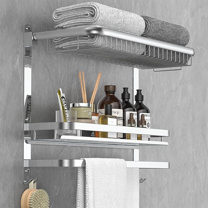 Foldable 23.22 Inch Rowel Rack Wall Mounted with Bathroom Shower Shelves Stainless Steel Towel Bar Without Drilling and Screw Installation (Silvery)