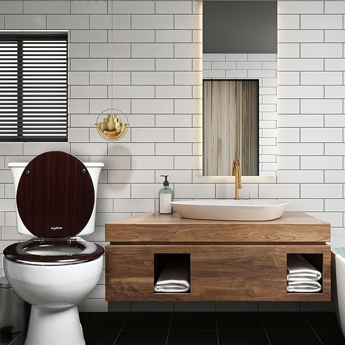 Round Toilet Seat Molded Wood Toilet Seat with Zinc Alloy Hinges, Easy to Install also Easy to Clean, Anti-pinch Wooden Toilet Seat by Angol Shiold (Round, Dark Brown)