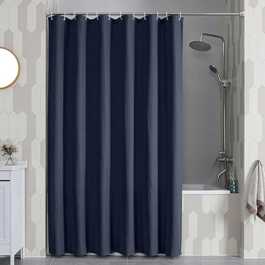 OVZME Navy Blue Shower Curtain Set, Waffle Textured Heavy Duty Fabric Shower Curtain for Bathroom, Luxury Hotel Weighted 230GSM Bath Curtain with 12 Plastic Hooks, Machine Washable, 72x72