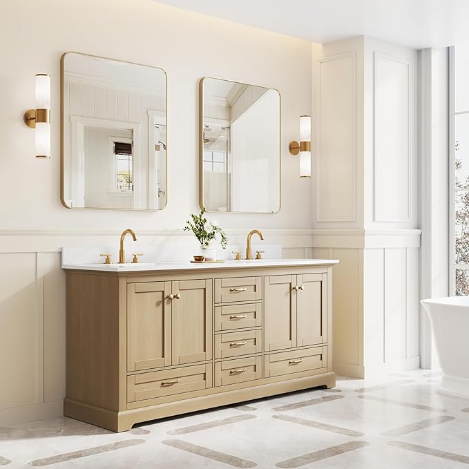 WELLFOR 72 Inch Bathroom Vanity with Double Sinks, Solid Wood Bathroom Vanity W/4 Soft-Close Doors and 6 Drawers, Cultured Marble Countertop Bathroom Vanities W/Two Sinks (Oak)