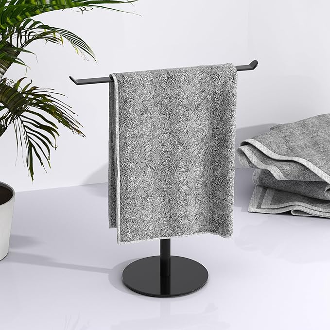 Black T-Shaped Hand Towel Holder Stand for Countertops, Stainless Steel | Countertop rack for bathrooms and kitchens; waterproof finish organizes hand towels, headbands and other lightweight items.