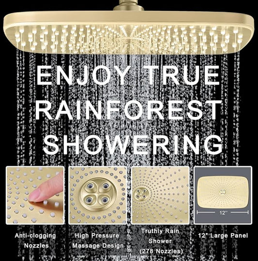 12" High Pressue Rain Shower Head with Handheld, 9 Sprays Hand Showerhead | Shower Heads with Handheld Spray Combo, Dual Head, Built-in Magnetic Docking, Power Jets, 59" Shower Hose, Gold 1.75GPM