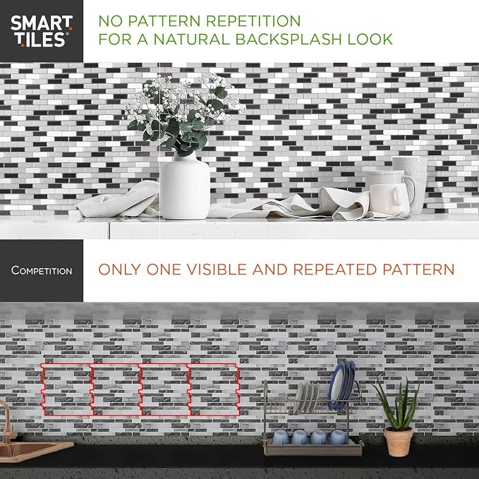 Smart Tiles Peel and Stick backsplash, Subway Pearl Gray, 10.95"x9.7" | Pack of 10 (6.3 sq ft), Glossy, Heat/Moisture Resistant, Low VOC, Kitchen/Bathroom, Renter Friendly, Made in Canada