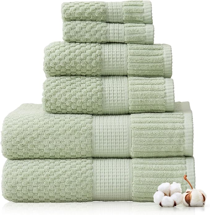 100% Cotton 6 Piece Bath Towel Set | Sage Towels | Oeko‑TEX Standard 100 | Soft & Absorbent, Quick‑Dry | Trinity Collection - Sage Green