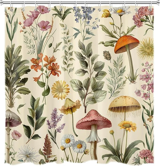 Retro Mushroom Floral Shower Curtain for Bathroom, Boho Botanical Witchy Bathroom Curtains Set Farmhouse Wildflower Aesthetics Shower Curtain with Hooks, 72W X 78L Inches