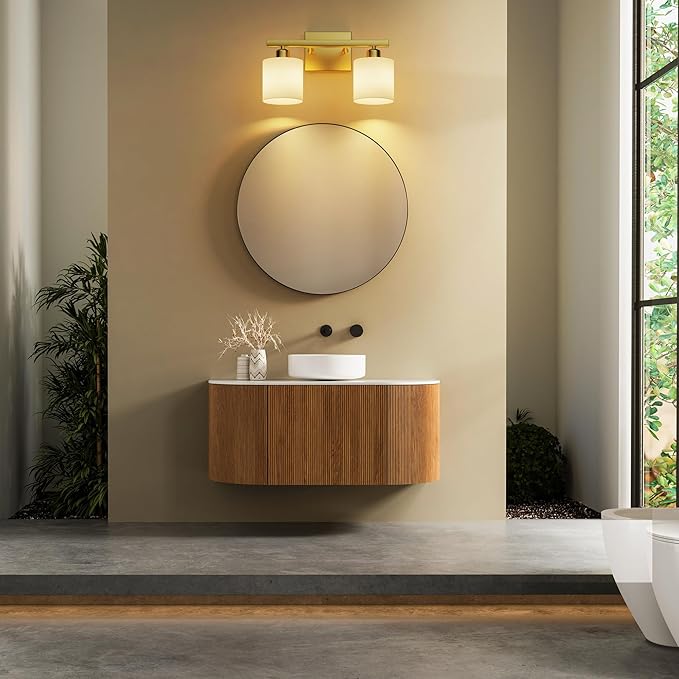 Bathroom Light Fixtures, Bathroom Lighting Fixtures Over Mirror, Interior Classic Vanity Lights, Modern Vanity Light with Textured White Glass Shade, Brushed Gold, 2-Light
