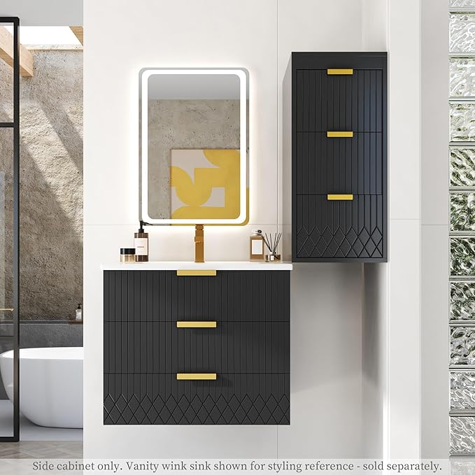 12 Inch Floating Bathroom Side Cabinet, Wall Mounted Bathroom Storage Cabinet with 3 Drawers, Modern Slim Organizer with Decor Line, Gold Metal Pulls