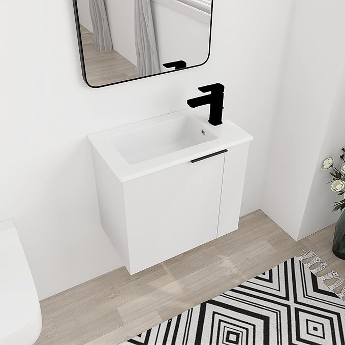 22" Floating Bathroom Vanity with Sink, Wall Mounted for Small Bathrooms, Soft-Close Door Cabinet with White Ceramic Basin & Waterproof Plywood, Modern Space Saving Vanity for Apartment