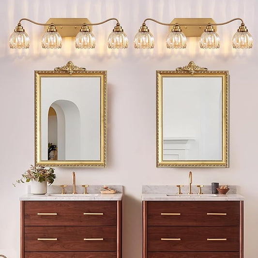 Vintage Bathroom Light Fixtures, 4 Light Gold Bathroom Vanity Light, Matte Antique Brass Finish with Amber Crystal Glass Shade, Wall Sconces Lighting for Bedroom, Living Room(Amber-colored Glass)