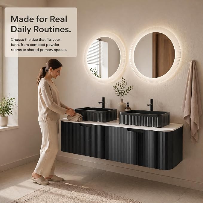 60 Inch Double Sink Bathroom Vanity, Floating Wall Mounted Cabinet, Black Curved Fluted Front, Stone Top, Dual Black Textured Rectangular Vessel Basins, Pre-Assembled
