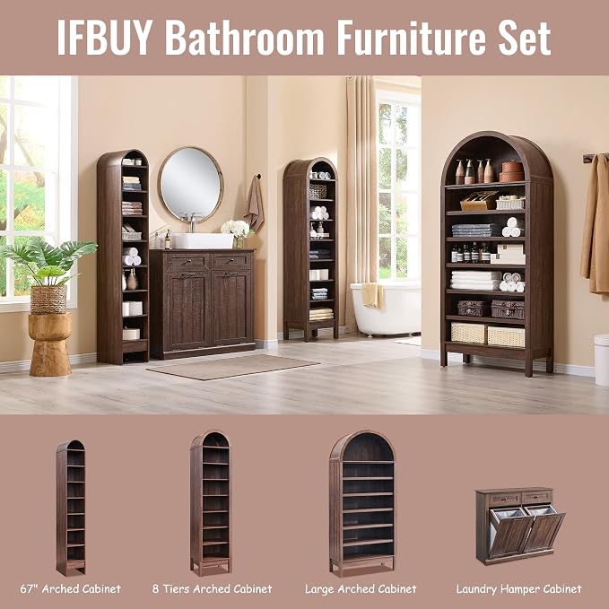 IFBUY 67" Tall Arched Bathroom Storage Cabinet, 8-Tier Modern Farmhouse Storage Cabinet with Adjustable Shelves, Wood Freestanding Cabinet for Bathroom, Living Room, Entryway, Hallway (Brown)