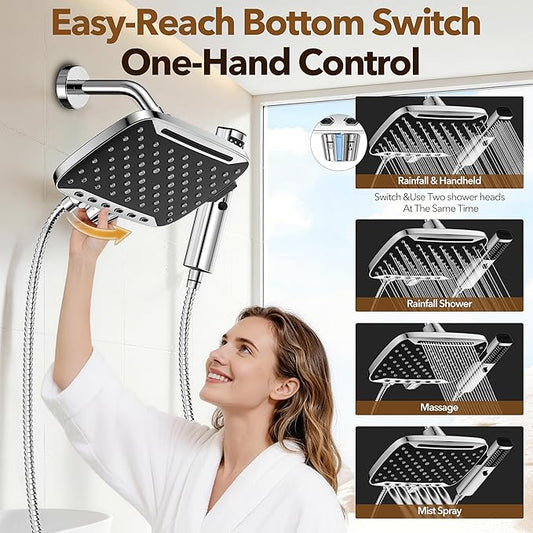JDO High Pressure Rain Shower Head with Handheld Spray Silver | 7 Modes Dual Shower Head, 10-inch Rainfall Showerheads Combo, Detachable Hand Held Shower Wand, Power Jets, 71" Hose