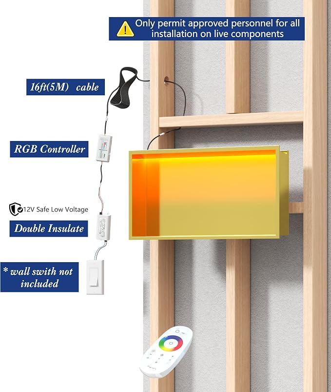 RGB LED Light Shower Niche, Gold 24X12 in Stainless Steel Wall Niche with Remote Control, Waterproof No Tile Needed Wall Niche for Bathroom Storage Over Mount Installation