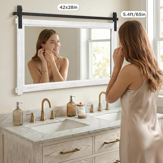 Besdomus Farmhouse Bathroom Vanity Mirror: 42"x28" White Rustic Barn Door | No Assembly Required Soild Wood Frame - Large Decorative Mirror for Dining Room/Entryway/Bathroom - Ideal for Home Renovation