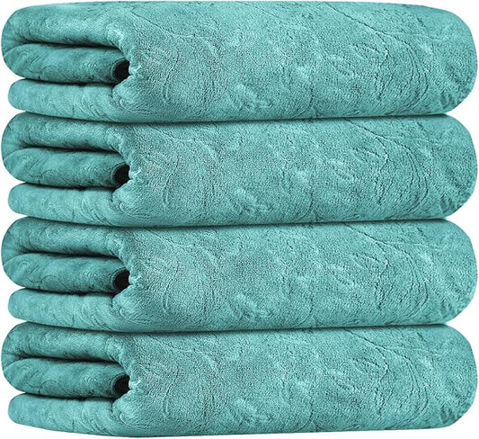 JML Microfiber Bath Towels, Bath Towel 4 Pack(30" x 60"), Oversized, Soft, Super Absortbent and Fast Drying, Multipurpose Use for Sports, Fitness, Yoga, Green-Floral Embossed