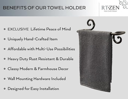 Matte Black Hand Towel Holder for Your Bathroom, Fits 10" Towels | Handcrafted Farmhouse Wrought Iron Metal, Kitchen Bar, Wall Mounted Rack, Small Hand Cloth Bar Hanger for Home or Office