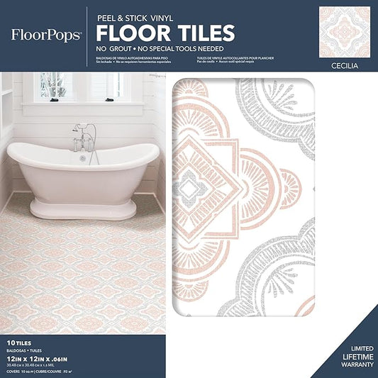 FloorPops FP3566 Cecilia Peel Stick Floor Tiles, White & Off-White (Pack of 2)