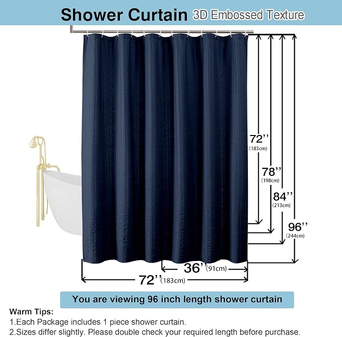 Aiyufeng Moga Extra Long Navy Blue Shower Curtain 96 Inch Long, Embossed Texture Fabric Bathroom Shower Curtain, Large Hotel Bath Curtain with 12 Holes, 72Wx96H, Dark Blue