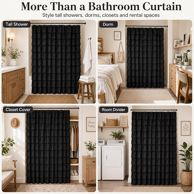 Black Gothic Shower Curtain for Bathroom, Extra-Long 72 x 84 inch, Ruffle | Cascading Layered Ruffles, 72x84, 8ft, 12 Plastic Hooks Included, Machine Washable, Soft Brushed Microfiber Fabric