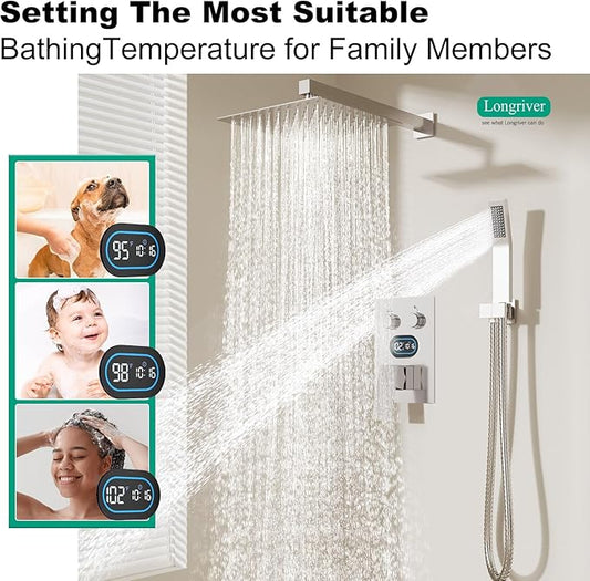Push Button Diverter Shower Faucet Set Hydro Power Temperature Display, Shower System 12 Inch Shower Head with Handheld Spray, Wall Mounted Shower Fixtures with Valve and Trim Kit, Brushed Nickel