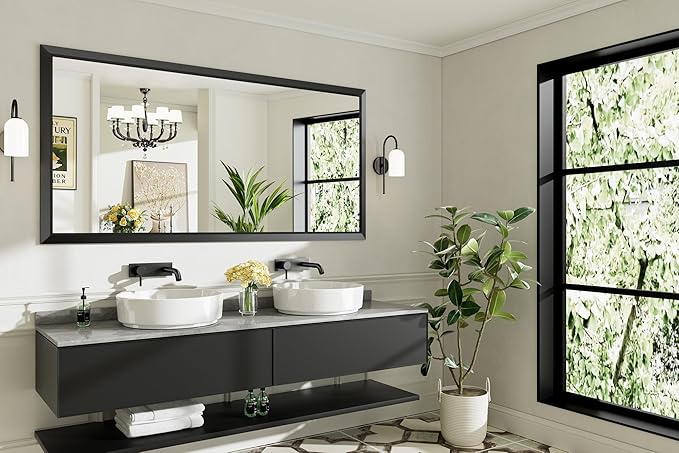 Black Metal Framed Bathroom Wall Mirror, 72x36 Inch | Anti-rust, HD tempered glass, for bathroom vanity, bedroom, living room, horizontal or vertical mount