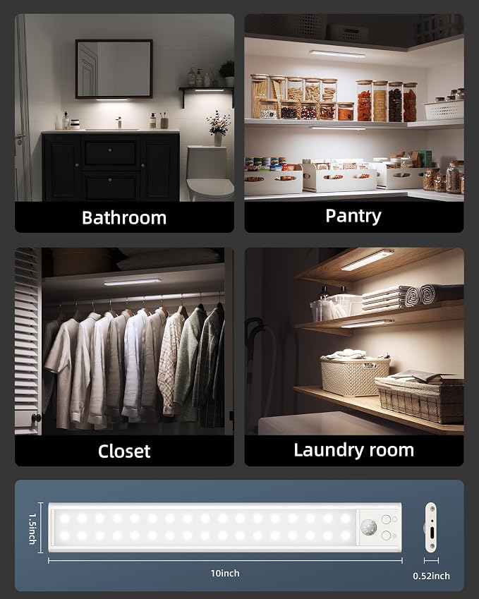 10inch Under Cabinet Lights, Motion Sensor Light Indoor, Wireless Closet Lights, 1800mAh Rechargeable Battery, Magnetic, 5 Levels Dimmable, Under Counter Lights for Kitchen, Bathroom (2 Pack)