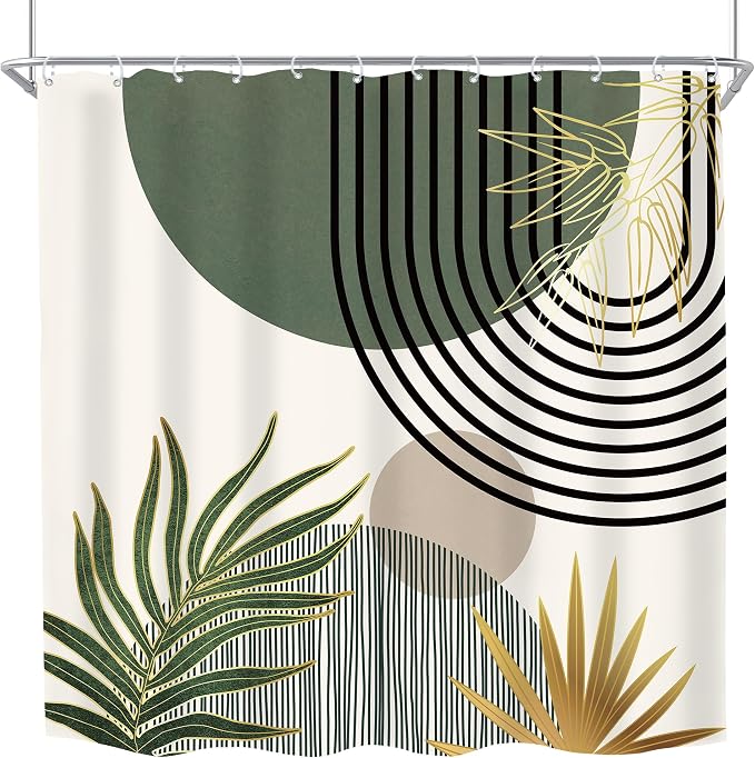 Mid Century Dark Green Boho Abstract Modern Bathroom Shower Curtain Set | 72Wx72L S Gold design, waterproof HD print with fast-drying fabric and 12 hooks.