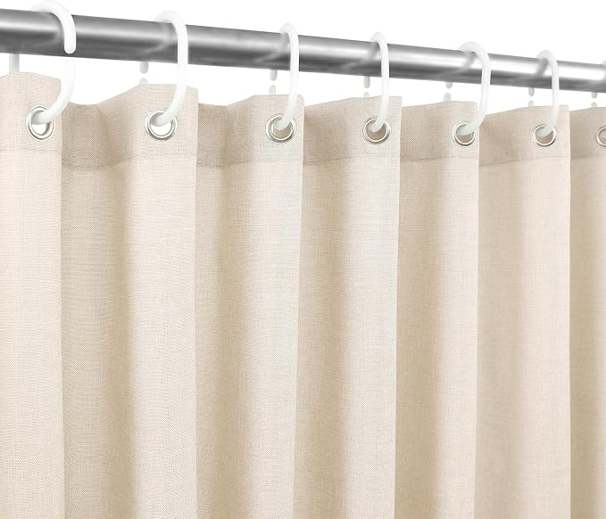 Ga-Geetopia Extra Long Linen Textured Shower Curtain Set with Hooks, Beige Boho Farmhouse Bath Shower Curtains for Bathroom Neutral Cloth, Hotel Luxury, Weighted, 72W x 96L, Cream