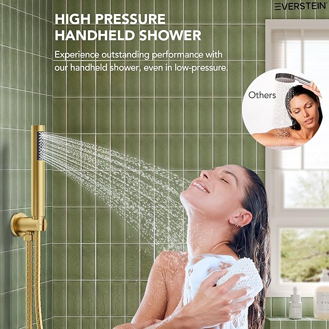 10" High-Pressure Rainfall Shower System with Handheld Spray, Wall Mount Bathroom Shower Faucet Set with Tub Spout, Brushed Gold (Valve Included)