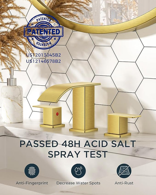 FORIOUS Brushed Gold Bathroom Faucets 3 Hole, Waterfall Square 8 Inch Widespread Bathroom Sink Faucet with Metal Pop-up Drain and Supply Lines, Two Handles for Vanity, Bath, Farmhouse