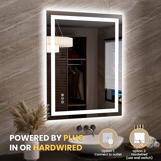 LOAAO 27.6"x35.4" LED Bathroom Mirror with Lights, UL Listed | Anti-Fog, Dimmable, 3 Color Temperature, Backlit + Front Lit, Memory Function, Tempered Glass