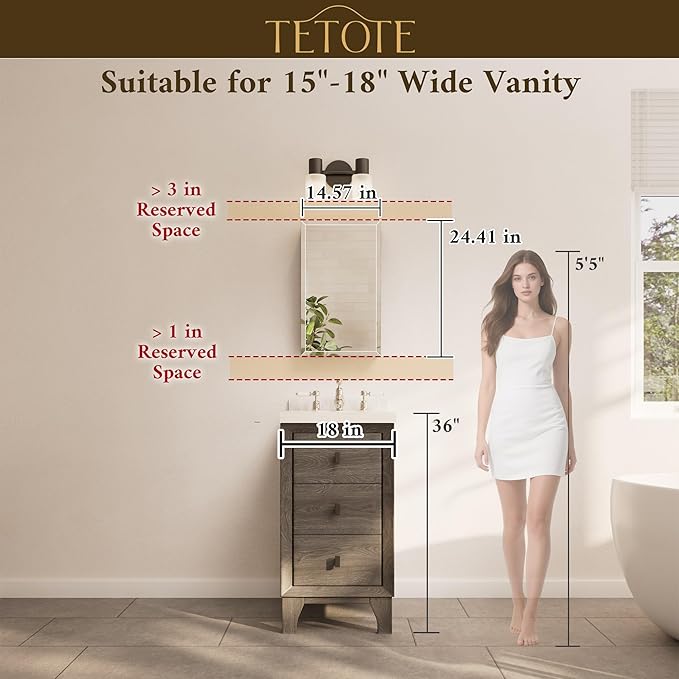 TETOTE 14 x 24 Medicine Cabinet with Tempered Beveled MirrorWhiteVanity Mirror with Storage Aluminum Cabinet DTC Hinges, Stepless Adjustable Shelves, Recessed/Surface-Mounted