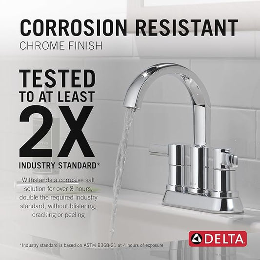 Delta Albion Centerset Chrome Bathroom Faucet, 4 Inch 3 Hole Bathroom Sink Faucet for Vanity, Metal Push-Pop Drain Assembly, Chrome 25855LF