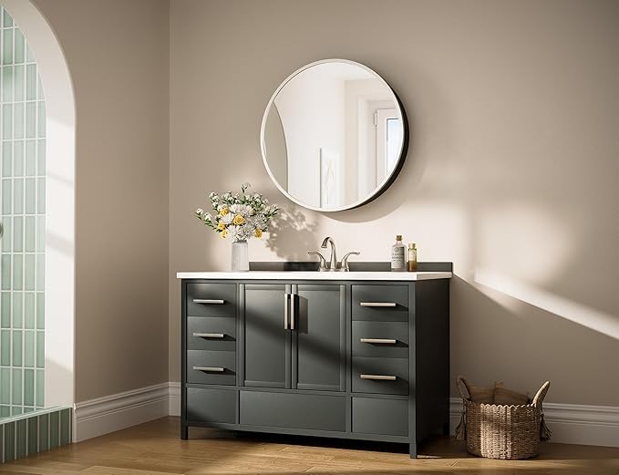 Keonjinn 26 Inch Round Brushed Nickel Medicine Cabinet Mirror for Bathroom | Metal Wall Mount Medicine Cabinet for Bathroom, Shatter-proof, Adjustable Shelves, Smooth Piano Hinge, Magnetic Door Bumper