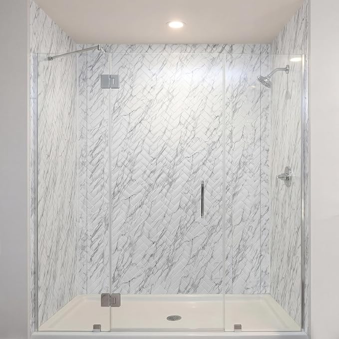 From Plain To Beautiful In Hours 133-640-HERR-KIT Herringbone Tile - Tub and Shower Wall Panels Surround (Covers/ 96 sq. ft.), Marble, 1 Piece