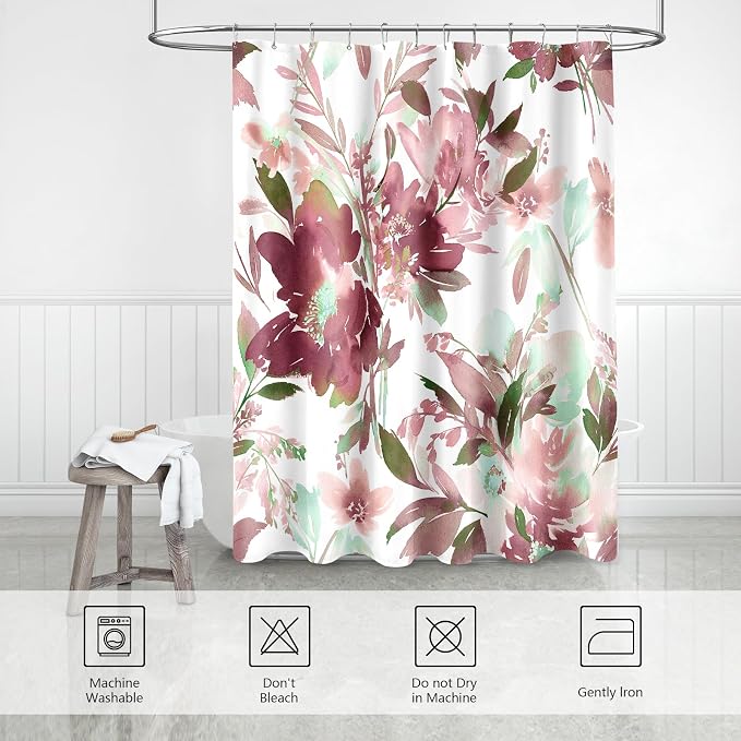 MAYZUS Plum Watercolor Floral Shower Curtains for Bathroom, 72x72 | Modern Abstract Flower Decorative Fabric Shower Curtain Set with Hooks