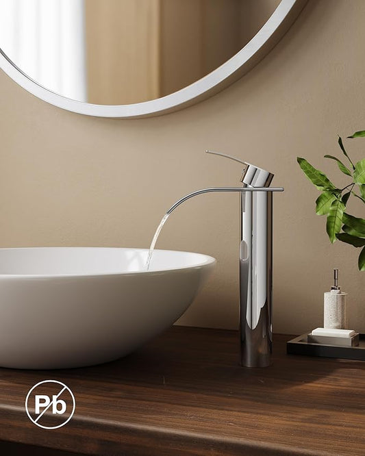 FORIOUS Waterfall Bathroom Vessel Sink Faucets with Metal Pop up Drain and Lead-Free cUPC Hose, Chrome Single Handle Tall Bathroom Faucet 1 Hole, 11inch for Bath,Vessel