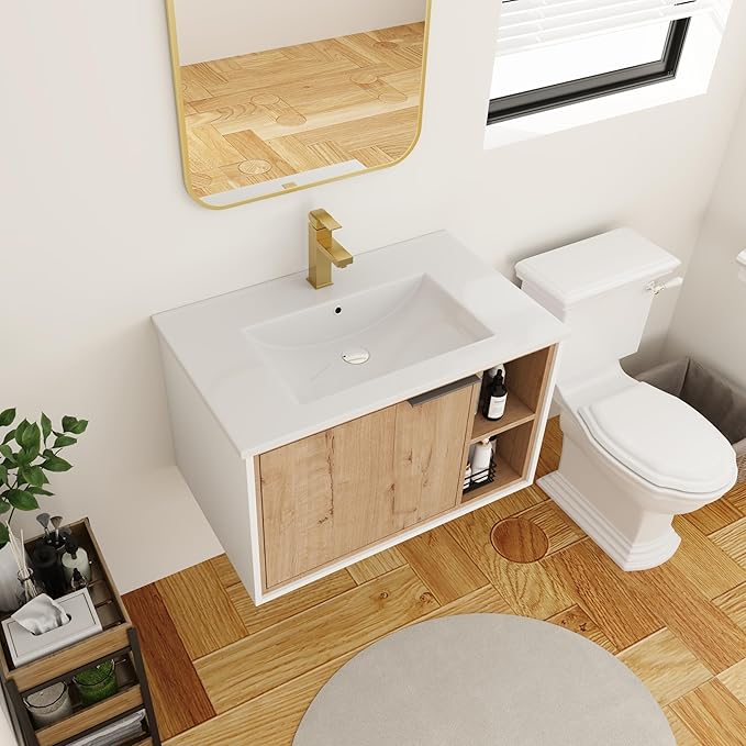 30 Inch Bathroom Vanity with White Sink Combo, Wall-Mounted Bathroom Vanity for Small Space, Bathroom Cabinet with 1 Door&Side Shelf