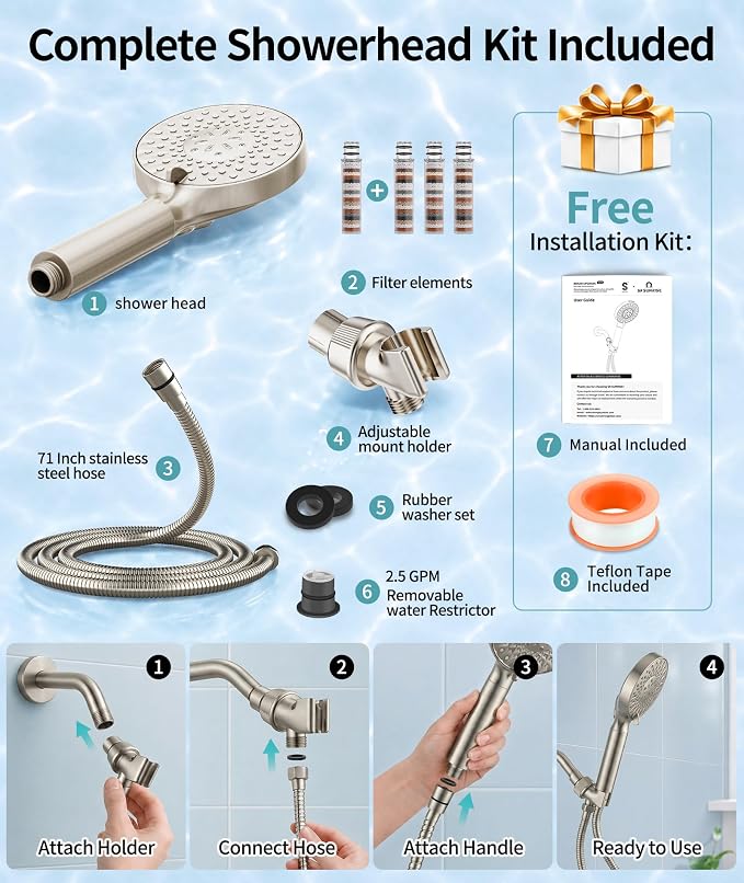 SR SUN RISE Filtered Shower Head with Handheld High Pressure 9 Spray Mode Showerhead Detachable Shower Head Water Softener Filters Beads for Hard Water Remove Chlorine 4 Filters Brushed Nickel