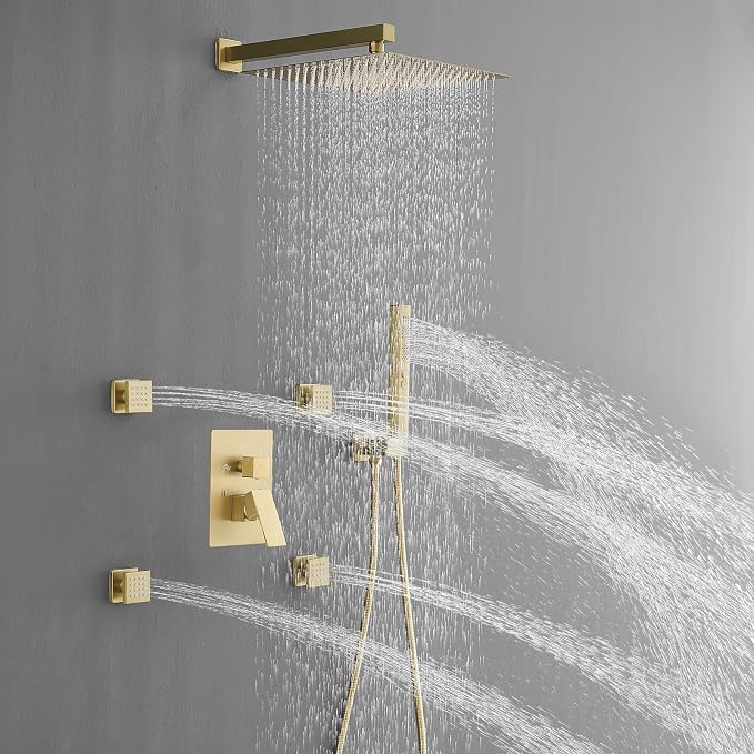 RUMOSE Rainfall Shower System with 4 Full Body Jet 4 Mode Shower Faucet Set | 12 Inch Rain Shower Head, 2 in 1 Handheld Spray, Brushed Gold Brass Shower Jet Shower Fixtures, Wall Mounted