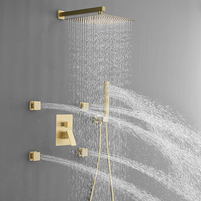 RUMOSE Rainfall Shower System with 4 Body Jets Wall Mounted 4 Mode Shower Faucet Set with 12 Inch Rain Shower Head and 2 in 1 Handheld Spray, Brushed Gold Brass Shower Fixtures, Rough-in Valve